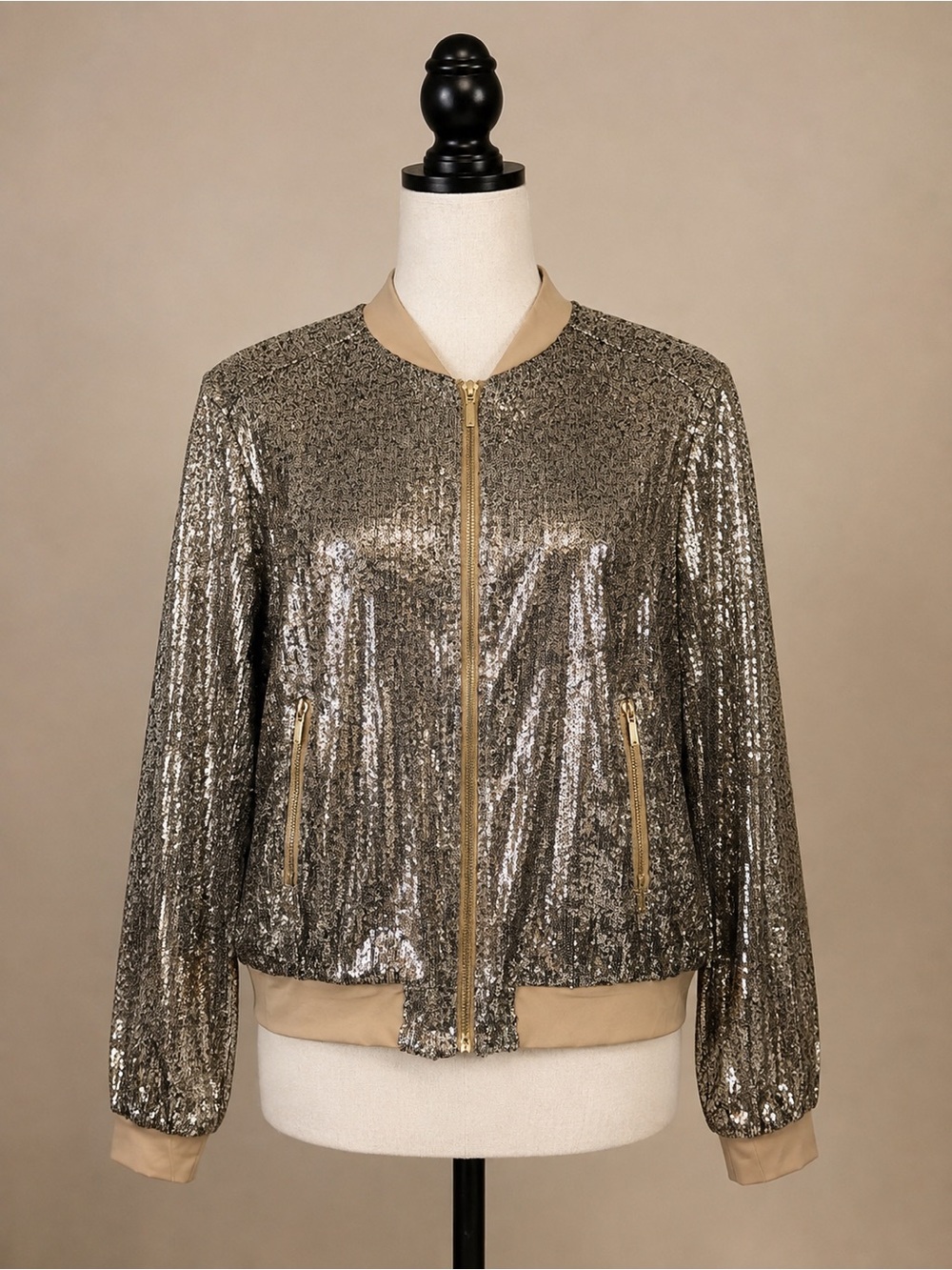 Sequin Bomber Jacket Gold Champagne Zip Front Large